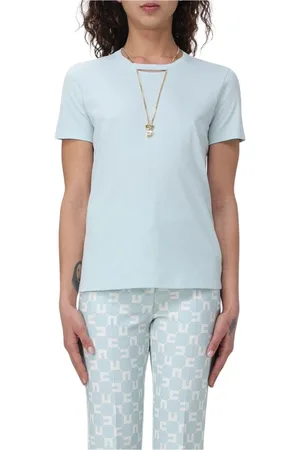 Elisabetta Franchi Koszulki, Kobieta, Niebieski, L, Elegancka Keyhole Neck Short Sleeve Tee