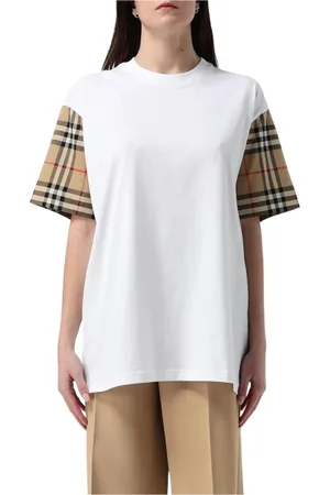 Burberry Koszulki, Kobieta, Biały, XS, Koszulka z Kratowym Rękawem