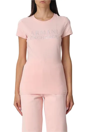 Armani Exchange Koszulki, Kobieta, Różowy, S, Różowa T-shirt z logo Rhinestone
