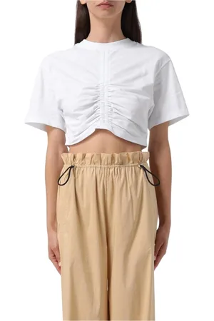 SEMICOUTURE Koszulki, Kobieta, Biały, S, Biały Zmarszczony Crop Top