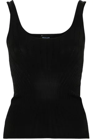 MUGLER Koszulki, Kobieta, Czarny, S, Nylon, Czarny Dzianinowy Tank Top