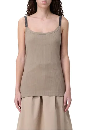 Brunello Cucinelli Koszulki, Kobieta, Beżowy, XL, Beżowy Dzianinowy Top Bez Rękawów