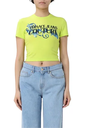 VERSACE Koszulki, Kobieta, Zielony, 2XS, Ikoniczny Czarny T-shirt z Logo