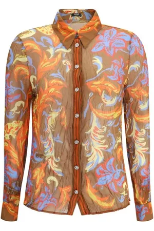 VERSACE Bluzki, Kobieta, Wielobarwność, M, Egzotyczna Wzór Jedwabna Koszula Crepe