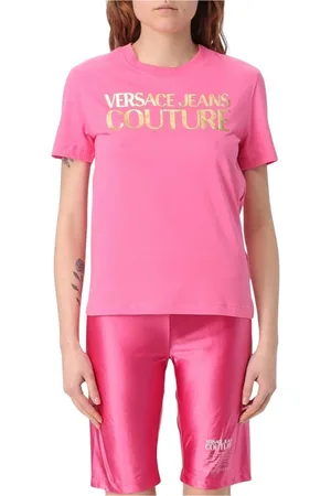 VERSACE Koszulki, Kobieta, Różowy, S, T-shirt z Graficznym Nadrukiem i Logo