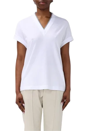 Brunello Cucinelli Koszulki, Kobieta, Biały, XL, Niebieski T-shirt z dekoltem w serek