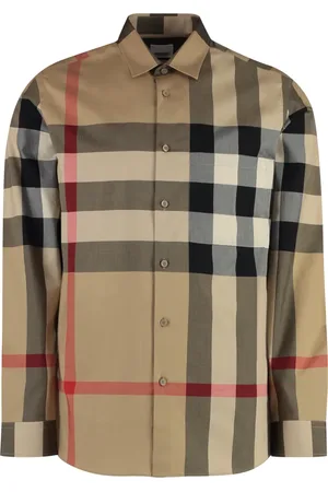 Burberry Koszule, Mężczyzna, Beżowy, M, Bawełniana koszula w kratę z zaokrąglonym dołem