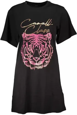 Roberto Cavalli Koszulki, Kobieta, Czarny, L, Elegancka Koszulka z Nadrukiem i Okrgym Dekoltem