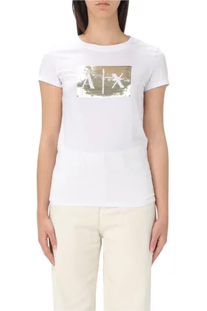 Armani Exchange Koszulki, Kobieta, Beżowy, S, Koszulka z cekinowym logo