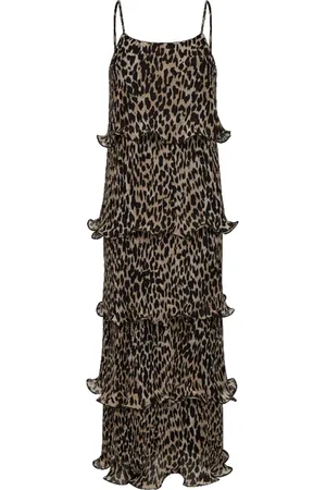 Copenhagen Muse Sukienki, Kobieta, brązowy, M, Poliester, Sukienka z Wzorem Leoparda i Falbanami