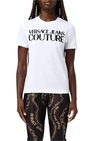 VERSACE Koszulki, Kobieta, Biały, XS, Elegancka Koszulka z Logo dla Kobiet