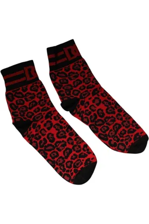 Dolce & Gabbana Bielizna, Mężczyzna, Czerwony, M, Nylon, Czerwone Skarpetki z Wzorem Leoparda do Połowy Łydki