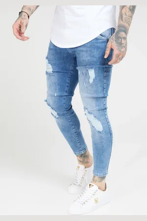 SikSilk Męskie Niebieskie Spodnie Skinny z Przetarciami w Średnim Praniu S