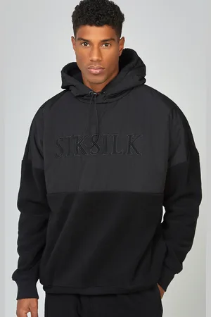 SikSilk Czarna polarowa bluza męska z kapturem i odcięciami