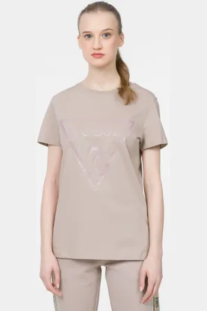 Guess Damski t-shirt z nadrukiem ADELE SS CN TEE - brązowy