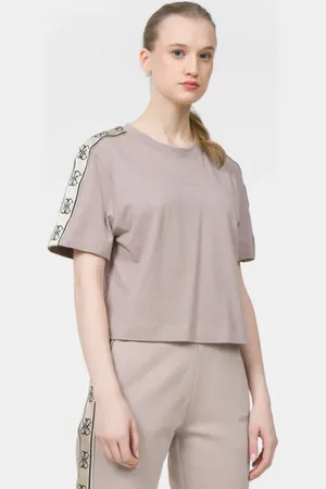 Guess Damski t-shirt z nadrukiem BRITNEY CROP TEE - beżowy