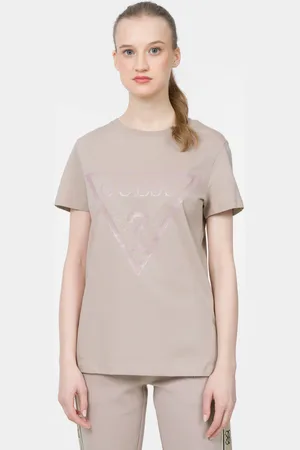 Guess Damski t-shirt z nadrukiem ADELE SS CN TEE - brązowy