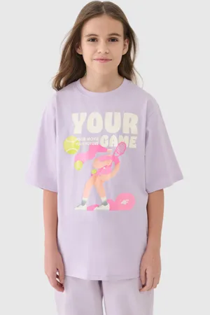 4F Dziewczęcy t-shirt oversize z nadrukiem 4F 4FJASAW24TTSHF2592 - różowy