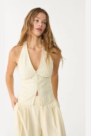 Stradivarius Top z mieszanki lnu z dekoltem halter