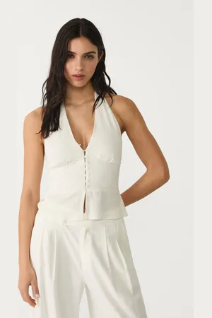 Stradivarius Top z mieszanki lnu z dekoltem halter