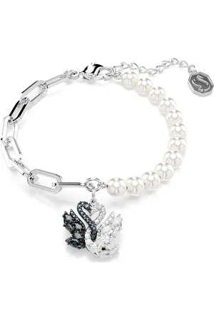 Swarovski Bransoletka Swan, Kryształowa Perła, Łabędź, Czarna, Wykończenie z różnobarwnych metali