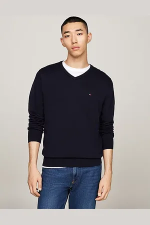 Tommy Hilfiger Sweter z dekoltem w szpic i wyhaftowaną flagą