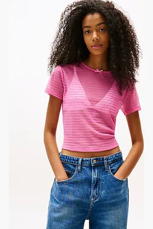 Tommy Hilfiger Wąski T-shirt z siateczki z powtórzonym logo