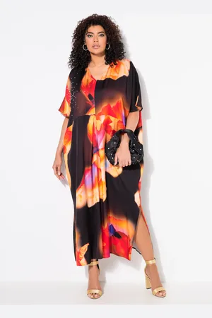 Ulla Popken Satynowy kaftan, kwiaty, ozdobne kryształki, dekolt w szpic, rękaw 1/2