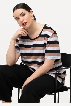 Ulla Popken T-shirt, paski, okrągły dekolt, rękaw 1/2