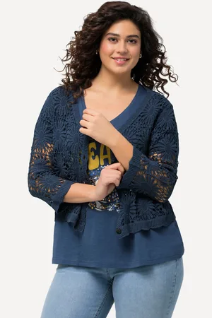 Ulla Popken Kardigan, wzorzysta dzianina, dekolt w szpic, rękaw 3/4