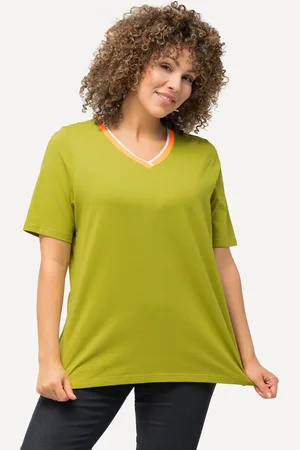 Ulla Popken T-shirt, ściągacze w paski, dekolt w szpic, rękaw 1/2