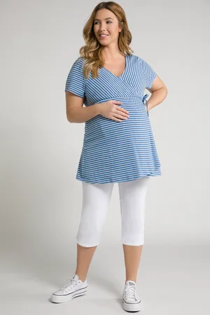Ulla Popken T-shirt Bellieva, fason dla karmicych matek, linia litery A, paski, krtki rkaw