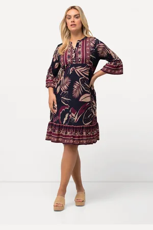 Ulla Popken Sukienka mini, liście, trapezowy krój, dekolt w serek, rękawy 3/4