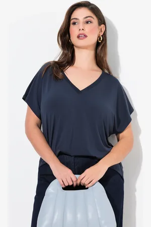 Ulla Popken T-shirt, oversized, błyszczący dekolt w szpic, rękaw 1/2