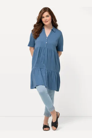 Ulla Popken T-shirt, rąbek z falbanką, kołnierzyk polo, rękaw 1/2, bawełna organiczna