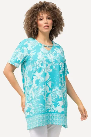 Ulla Popken T-shirt, nadruk patchworkowy, ozdobne paski, dekolt w serek, rękaw 1/2