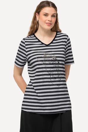 Ulla Popken T-shirt, paski, metaliczny motyw zwierzęcy, dekolt w serek, rękaw 1/2
