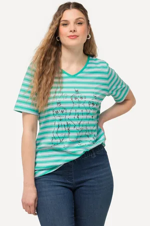 Ulla Popken T-shirt, paski, metaliczny motyw zwierzęcy, dekolt w serek, rękaw 1/2