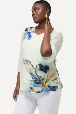 Ulla Popken Bluzka, kwiaty, oversize, dekolt w szpic, rękaw dzwon 3/4