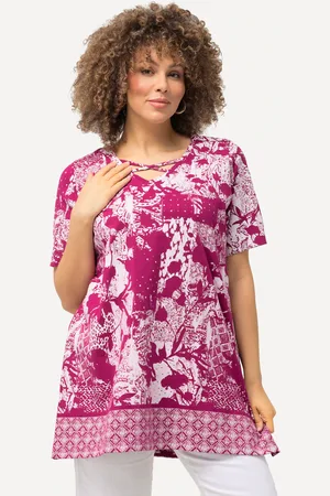 Ulla Popken T-shirt, nadruk patchworkowy, ozdobne paski, dekolt w serek, rękaw 1/2