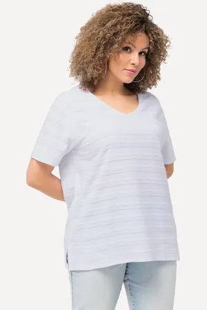 Ulla Popken T-shirt, fakturowane paski, dekolt w szpic, rękaw 1/2