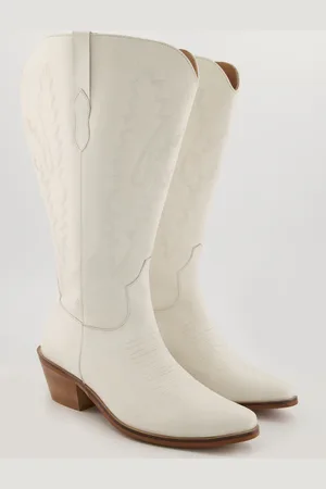 Ulla Popken Skórzane buty kowbojskie, cholewka 3 XL, haft, szerokość H