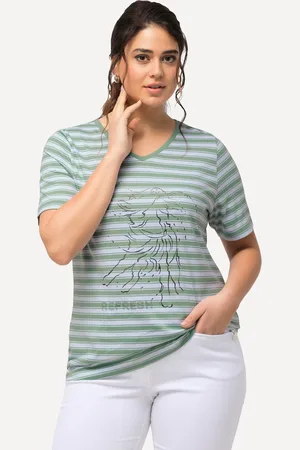 Ulla Popken T-shirt, paski, metaliczny motyw zwierzęcy, dekolt w serek, rękaw 1/2