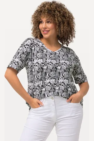 Ulla Popken T-shirt, marynarski nadruk, trapezowy krój, dekolt w serek, rękaw 1/2