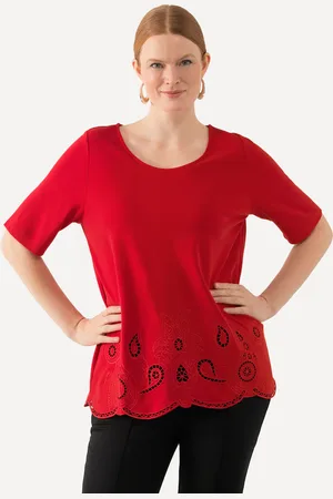 Ulla Popken T-shirt, haft, falisty dół, okrągły dekolt, rękaw 1/2