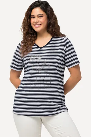 Ulla Popken T-shirt, paski, metaliczny motyw zwierzęcy, dekolt w serek, rękaw 1/2