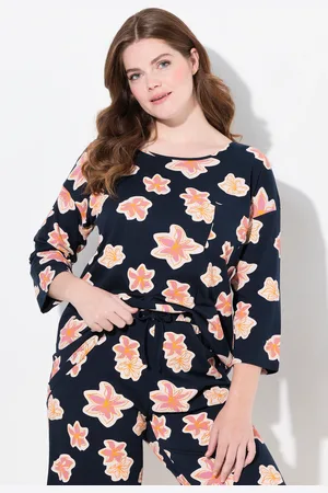 Ulla Popken Koszulka Piżamowa, Oversize, Dekolt Okrągły, Rękaw 3/4, Bawełna Organiczna