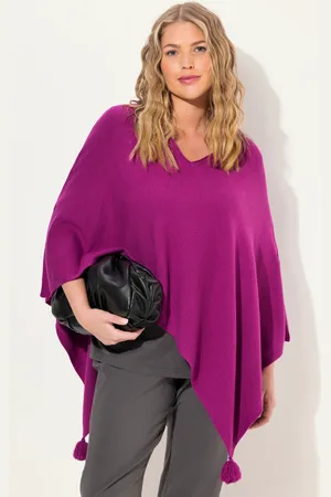 Ulla Popken Dzianinowe poncho, spiczaste obszycie, frędzle, dekolt w szpic, bez rękawów
