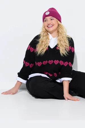 Ulla Popken Sweter w serca, dekolt w serek, długi rękaw