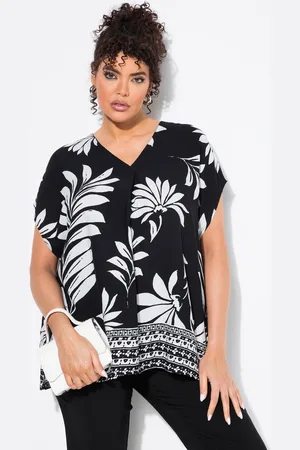 Ulla Popken Tunika, kwiaty, oversized, dekolt w szpic, rękaw 1/2